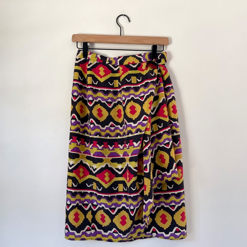 Silk Ikat Wrap Skirt Small Geometric Boho Maximalist Colorful Funky